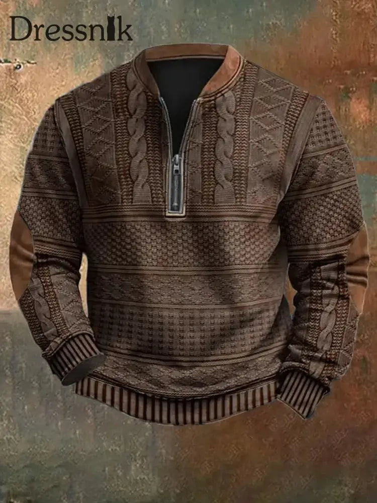 Herren Vintage Strickmuster Druck lässig Reiß verschluss Sweatshirt Braun / S