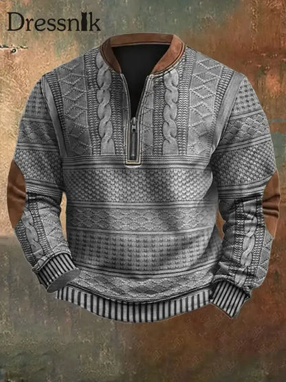 Herren Vintage Strickmuster Druck lässig Reiß verschluss Sweatshirt Grau / S