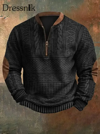 Herren Vintage Strickmuster Druck lässig Reiß verschluss Sweatshirt Schwarz / S
