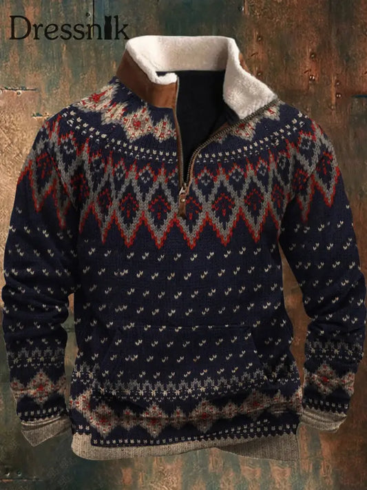 Herren Vintage Strickmuster-Nähen-Druck Pelz Kragen Mit Reiß Verschluss Im Freien Sweatshirt A / S