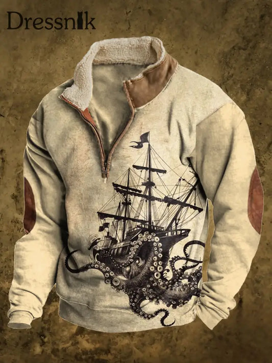 Herren Vintage-Sweatshirt Mit Seeboot-Druck Samt-Ständer Kragen