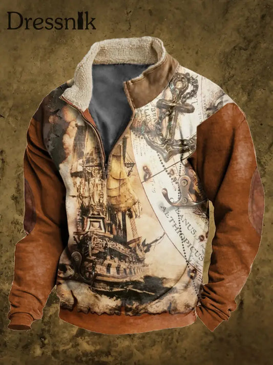 Herren Vintage-Sweatshirt Mit Seeboot-Druck Samt-Ständer Kragen