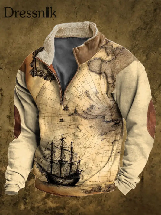 Herren Vintage-Sweatshirt Mit Seeboot-Druck Samt-Ständer Kragen