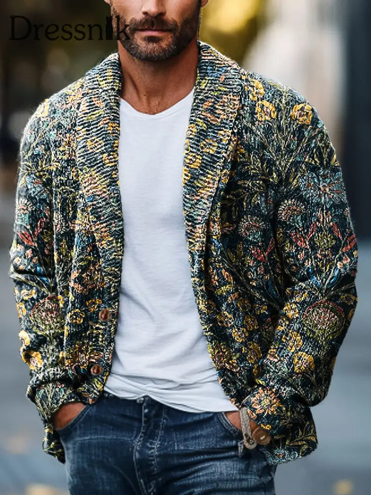 Herren Vintage Symmetrische Blumen kunst Print Revers Langarm Strickjacke bunt / S