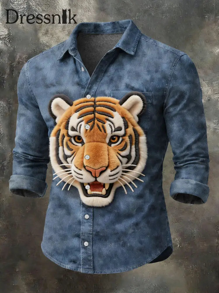 Herren Vintage Tiger Print Lässiges Langarm-Hemd als bild / S
