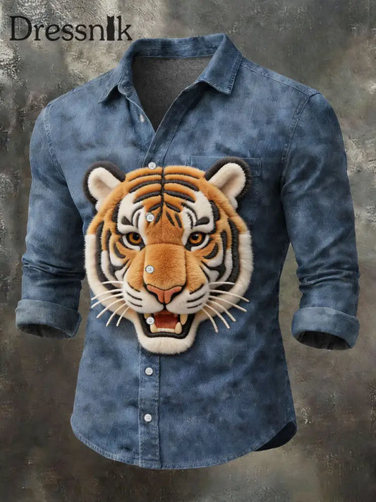Herren Vintage Tiger Print Lässiges Langarm-Hemd als bild / S