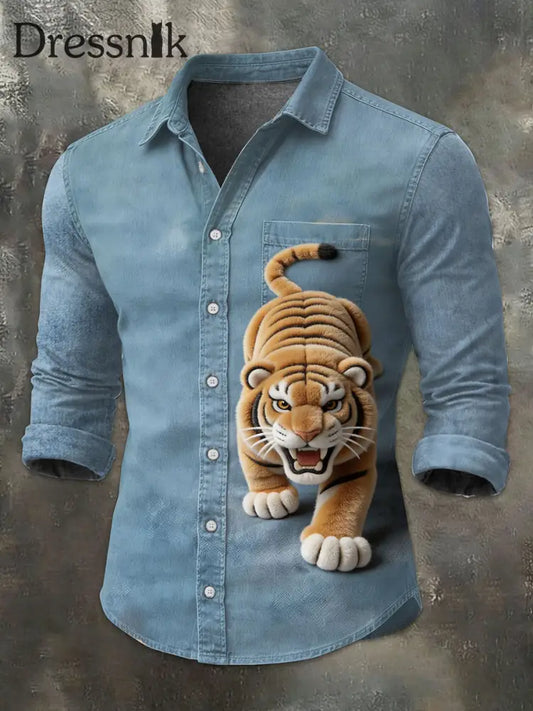 Herren Vintage Tiger Print Lässiges Langarm-Hemd als bild / S