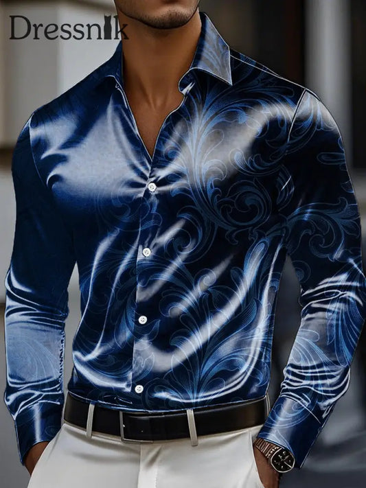 Herren Vintage Trompe L’oeil Print Premium Satin Langarm Hemd bunt / S