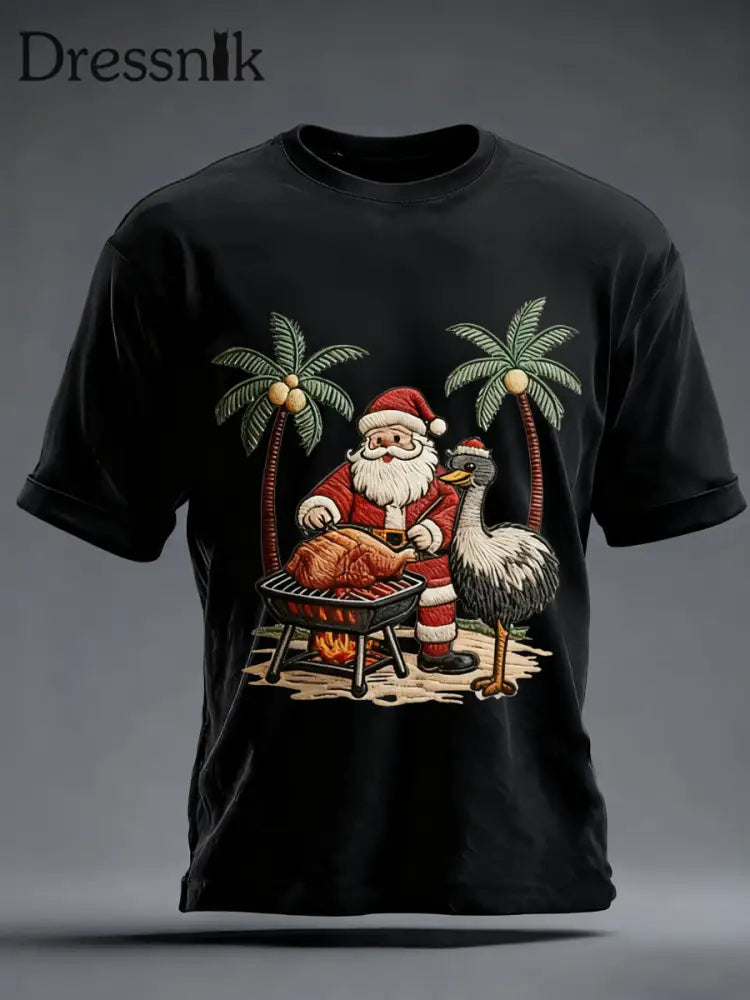 Herren Vintage Tropisches Weihnachtsmann-Print Weihnachts-T-Shirt Schwarz / S