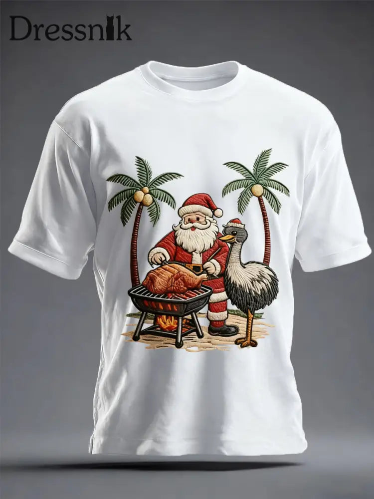 Herren Vintage Tropisches Weihnachtsmann-Print Weihnachts-T-Shirt Weiß / S