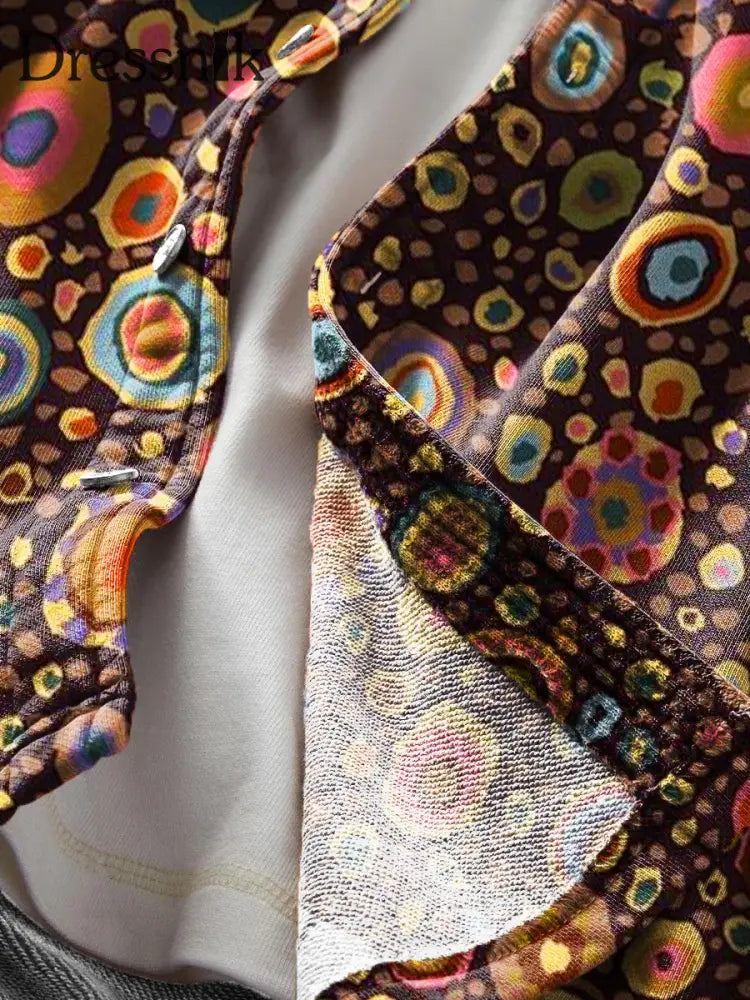 Herren Vintage Unregelmäßige Bunte Kreis Kunstdruck Weiche Revers Langarm Taschen Hemd