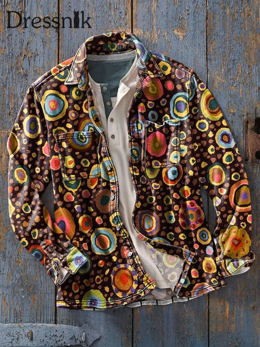 Herren Vintage Unregelmäßige Bunte Kreis Kunstdruck Weiche Revers Langarm Taschen Hemd Bunt / S