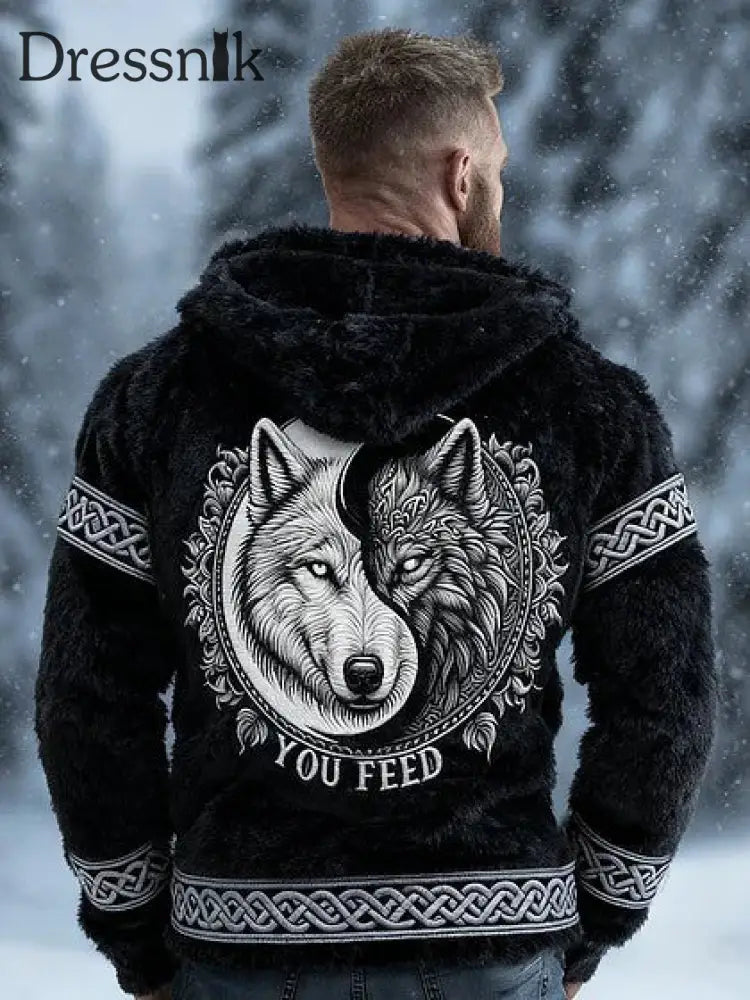 Herren Vintage Viking Celtic Knoten Wolf Patchwork Flanell Reiß verschluss Kapuzen jacke Schwarz / S