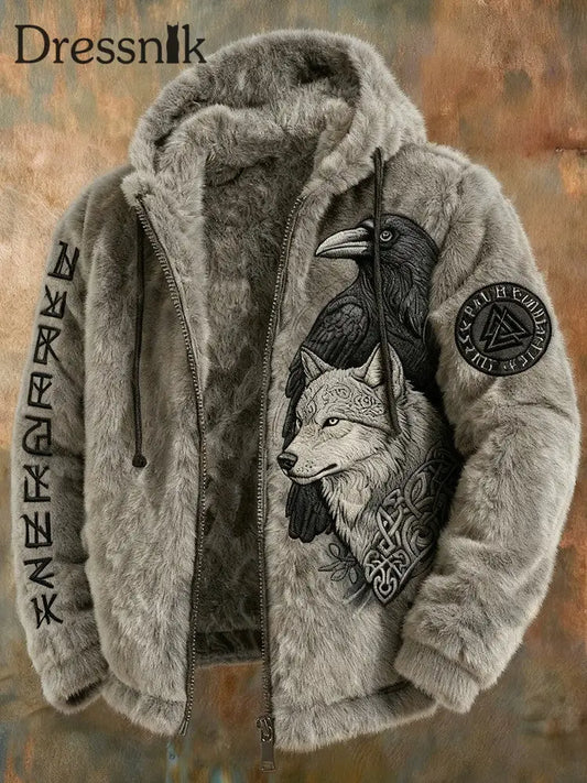 Herren Vintage Viking Celtic Knoten Wolf Raven Flanell Reiß verschluss Kapuzen jacke Grau / S