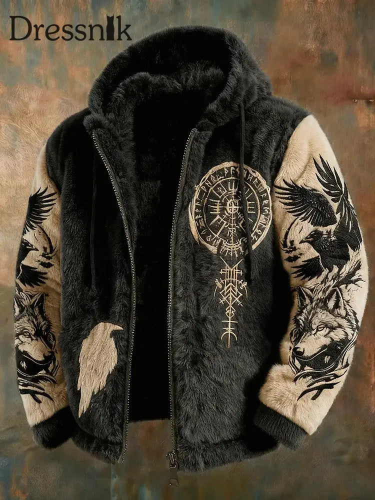 Herren Vintage Viking Celtic Knoten Wolf Raven Patchwork Flanell Reiß verschluss Kapuzen jacke Schwarz / S