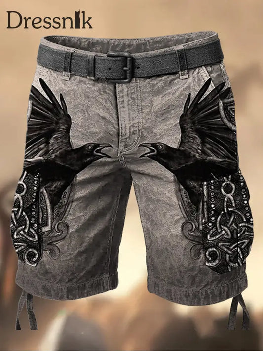 Herren Vintage Viking Eagle Grafik bedruckte Textur Kordel zug Tasche Freizeit-Cargo-Shorts A / M