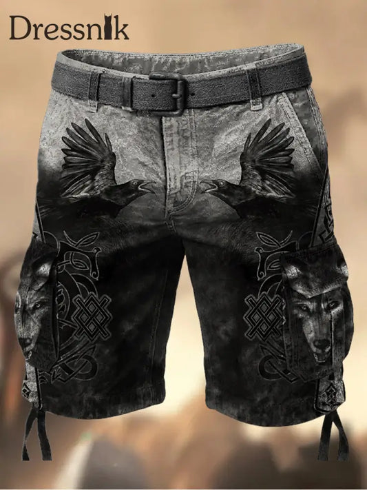 Herren Vintage Viking Eagle Grafik bedruckte Textur Kordel zug Tasche Freizeit-Cargo-Shorts A / M