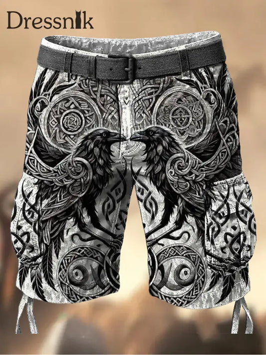 Herren Vintage Viking Eagle Grafik bedruckte Textur Kordel zug Tasche Freizeit-Cargo-Shorts A / M