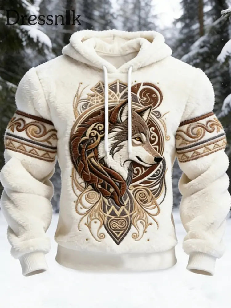 Herren Vintage Viking Giant Wolf Totem Herren Flanell Kapuzen pullover Weiß / S