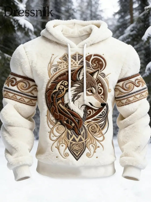 Herren Vintage Viking Giant Wolf Totem Herren Flanell Kapuzen pullover Weiß / S