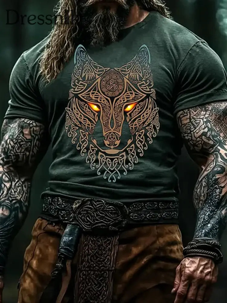 Herren Vintage Viking Kunstdruck T-Shirt A / S