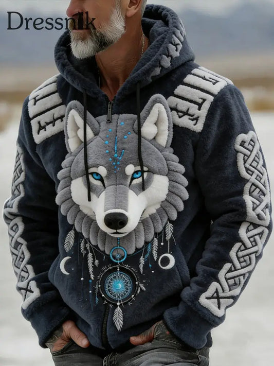 Herren Vintage Viking Wolf Rune Totem Flanell Kapuzen jacke mehrfarbig / S