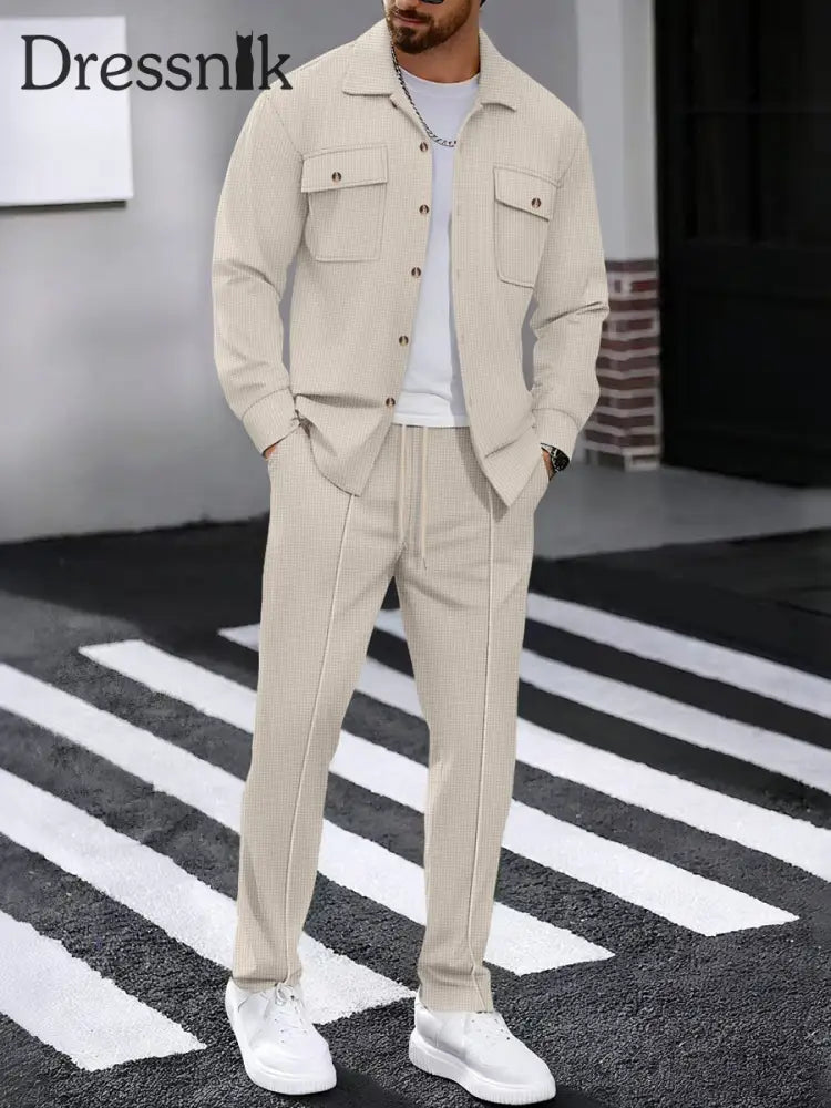 Herren Vintage Waffel web Arbeits kleidung Strickjacke und Hose Set Aprikose / S