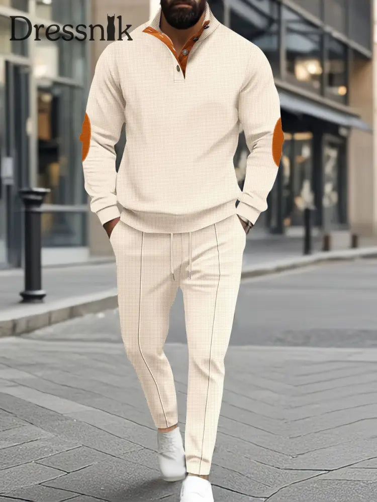 Herren Vintage Waffel-Web-Polo-Langarm-Set Aprikose / S