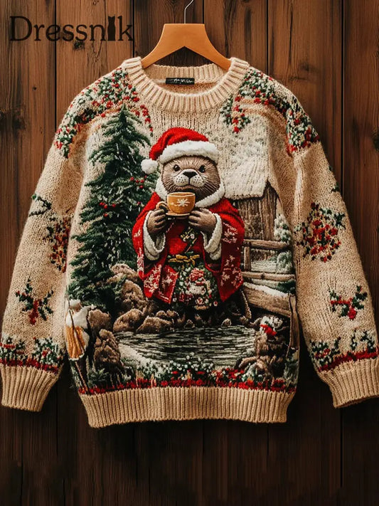 Herren Vintage Weihnachts druck Kunst Casual Strick pullover als bild / S