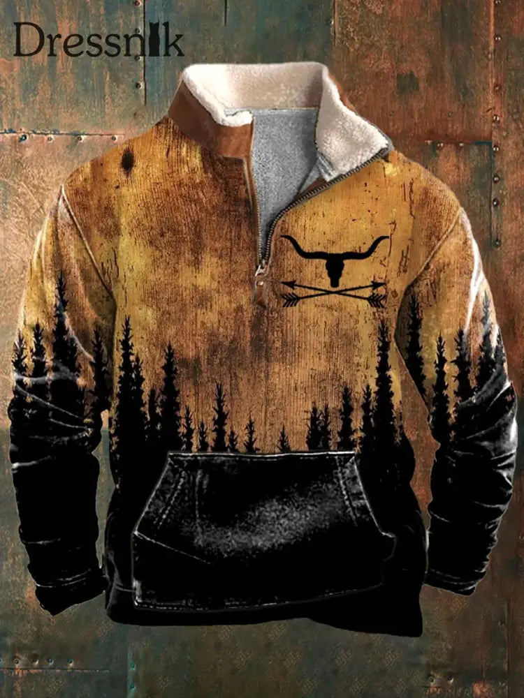 Herren Vintage Weihnachts wald Landschaft Splice Print Pelz Kragen Reiß verschluss Flush Outdoor Sweatshirt A / S