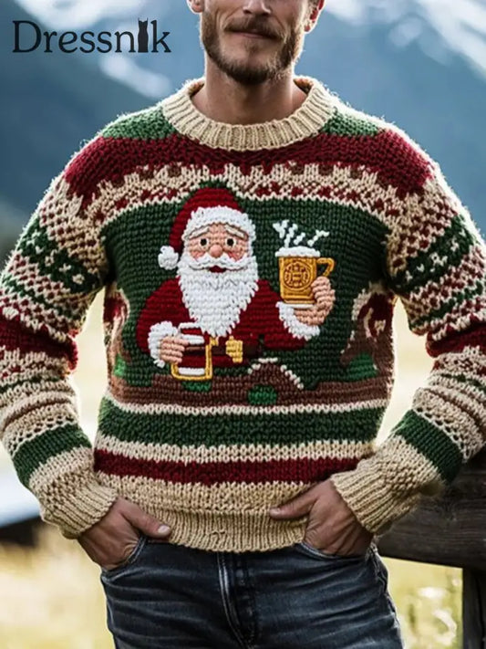 Herren Vintage Weihnachts weihnachts-Weihnachtsmann-Druck-Kunst-Freizeit strick pullover als bild / S