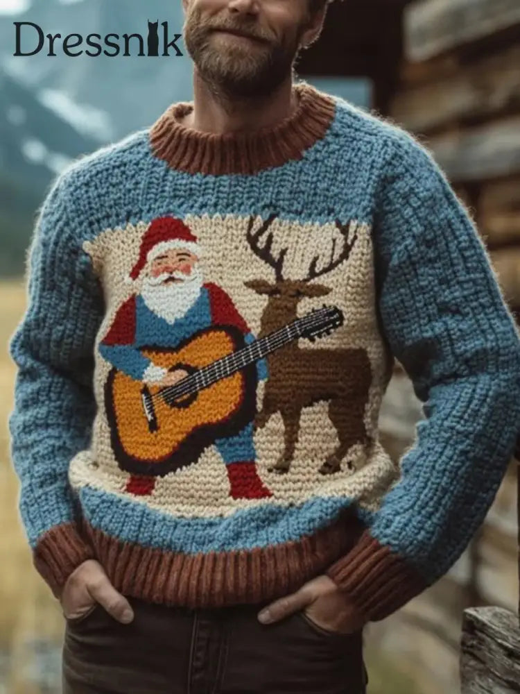 Herren Vintage Weihnachts weihnachts-Weihnachtsmann-Druck-Kunst-Freizeit strick pullover als bild / S