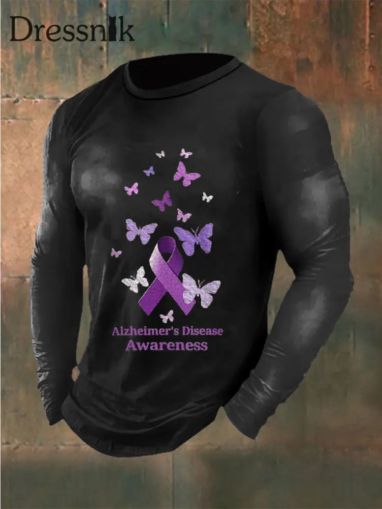 Herren Vintage Western Alzheimer-Krankheit Schmetterling Print Lässiges Baumwoll-Langarm-T-Shirt Dunkelgrau / S