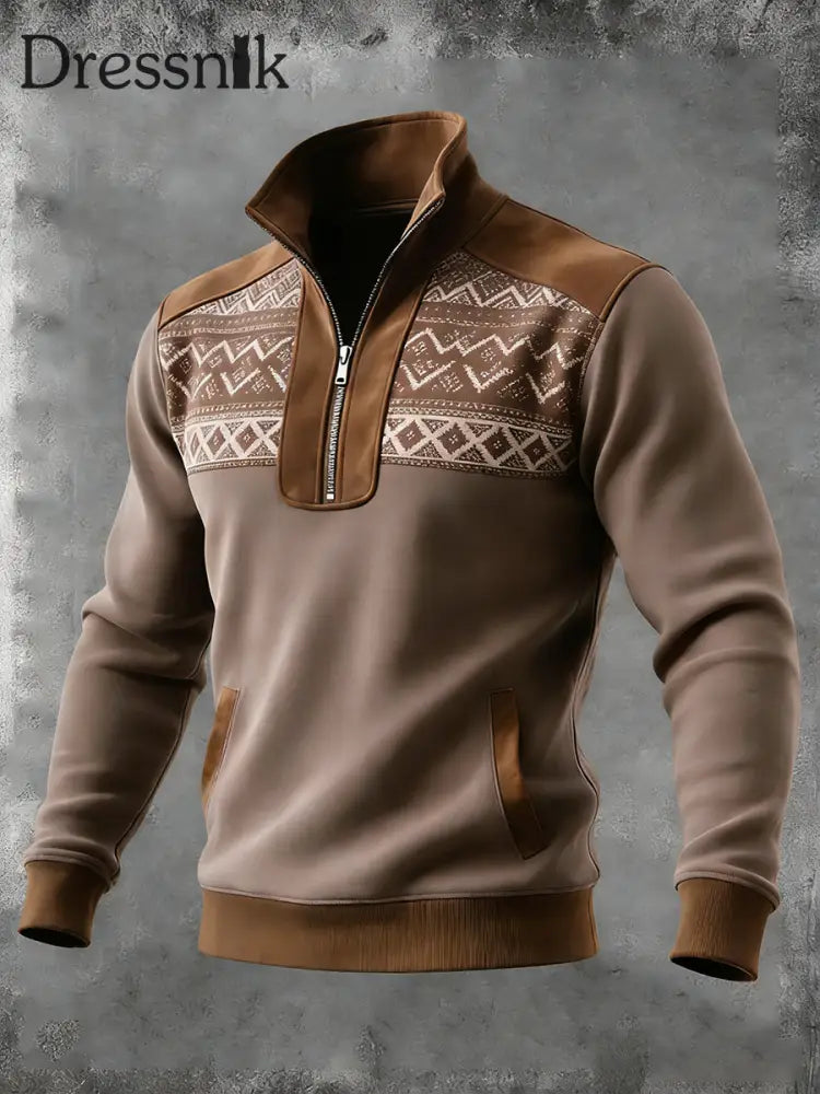 Herren Vintage Western Aztec Pocket Zip Stand Kragen Sweatshirt hellbraun / S