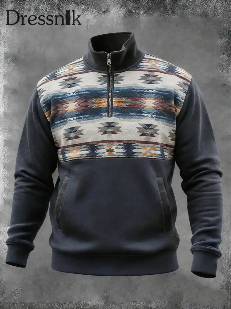 Herren Vintage Western Aztec Pocket Zip Stand Kragen Sweatshirt Marineblau / S