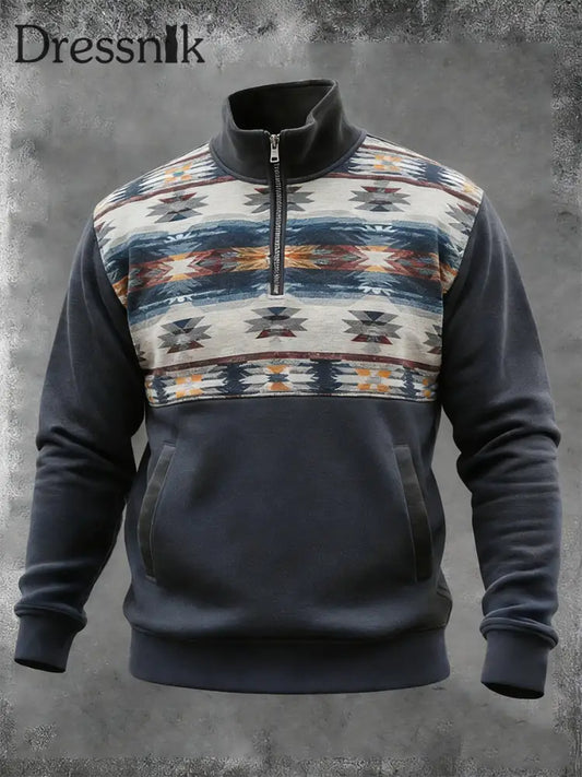 Herren Vintage Western Aztec Pocket Zip Stand Kragen Sweatshirt Marineblau / S