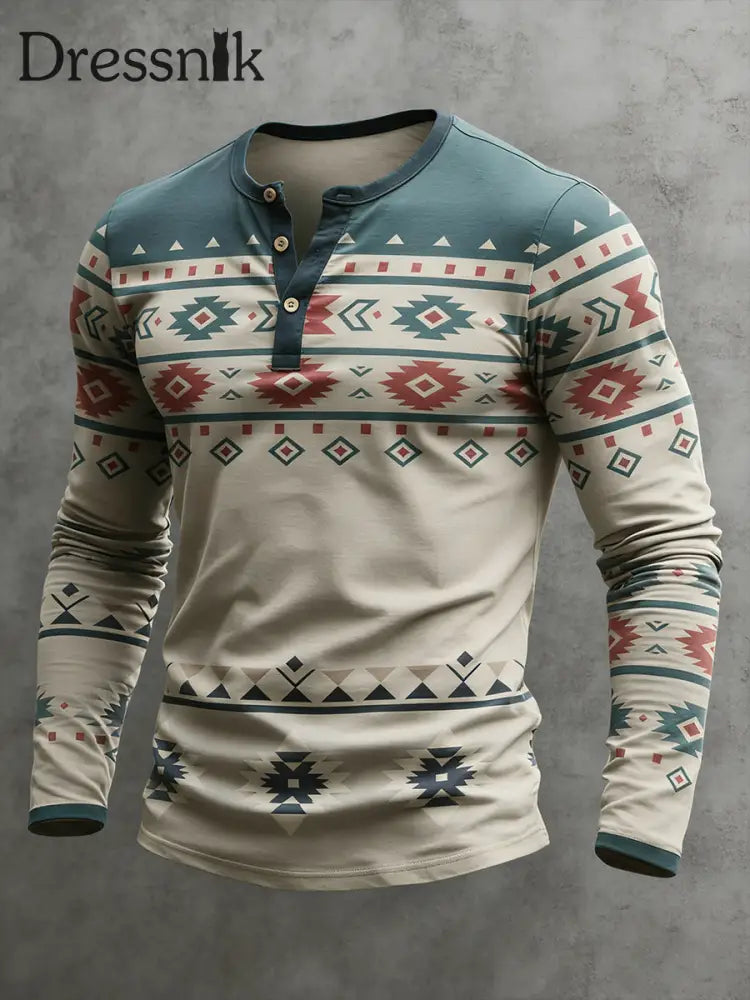 Herren Vintage Western Azteken Geometrisches Muster Henley Langarm T-Shirt als bild / S
