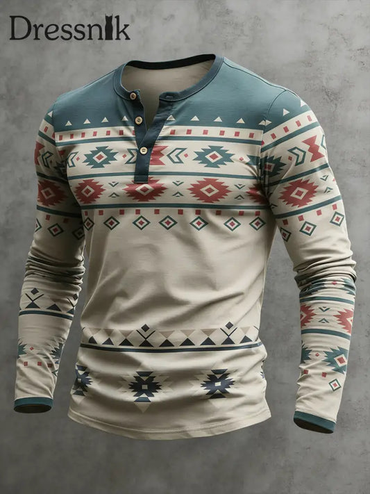 Herren Vintage Western Azteken Geometrisches Muster Henley Langarm T-Shirt als bild / S