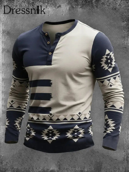 Herren Vintage Western Azteken Geometrisches Muster Henley Langarm T-Shirt als bild / S