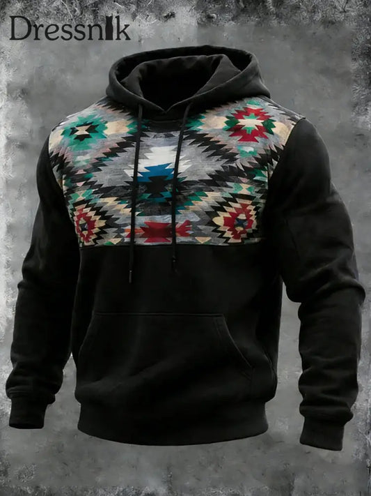 Herren Vintage Western Azteken Hoodie mit Taschen Schwarz / S