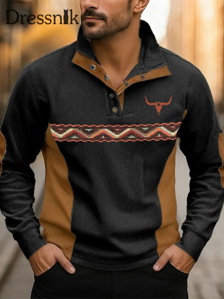 Herren Vintage Western bedrucktes Casual Sweatshirt Schwarz / S