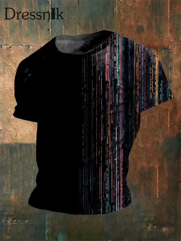 Herren Vintage Western Bunte Streifen Abstrakt Kunstdruck Lässiges Kurzarm-T-Shirt aus Baumwolle Schwarz / S
