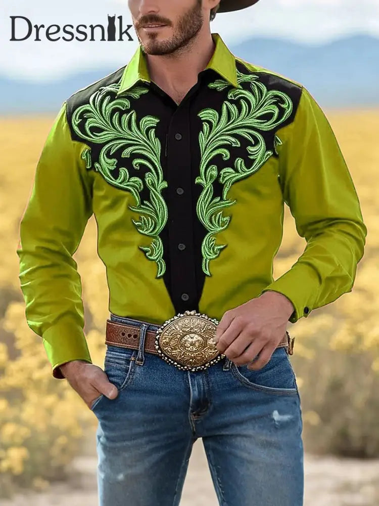 Herren Vintage Western Cowboy Shirt Grün / S