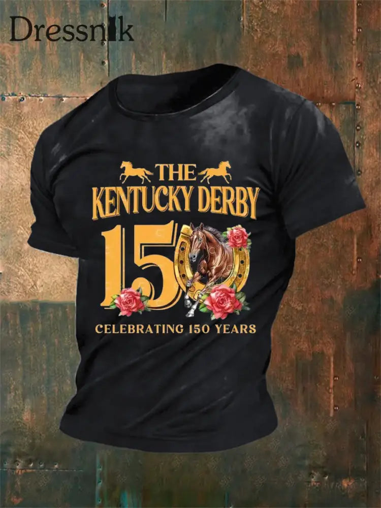 Herren Vintage Western Das Kentucky Derby 150 Jahre Print Lässiges Kurzarm-T-Shirt aus Baumwolle Schwarz / S