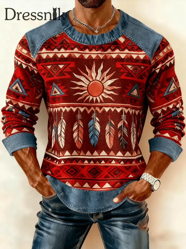 Herren Vintage Western Denim Patchwork bedrucktes Sweatshirt als bild / S