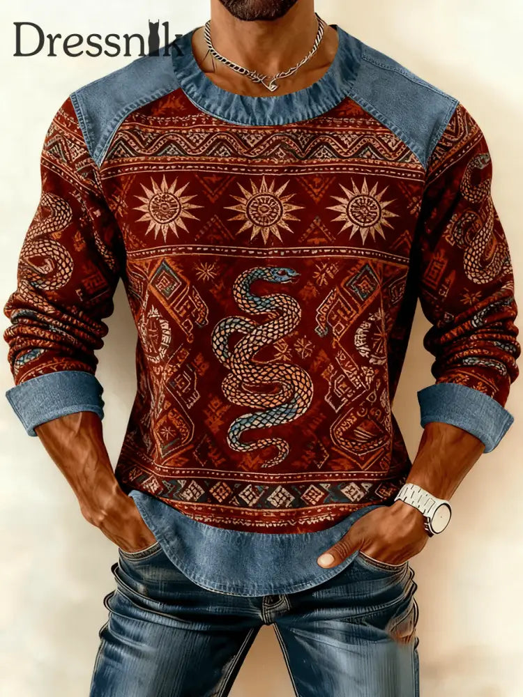 Herren Vintage Western Denim Patchwork bedrucktes Sweatshirt als bild / S