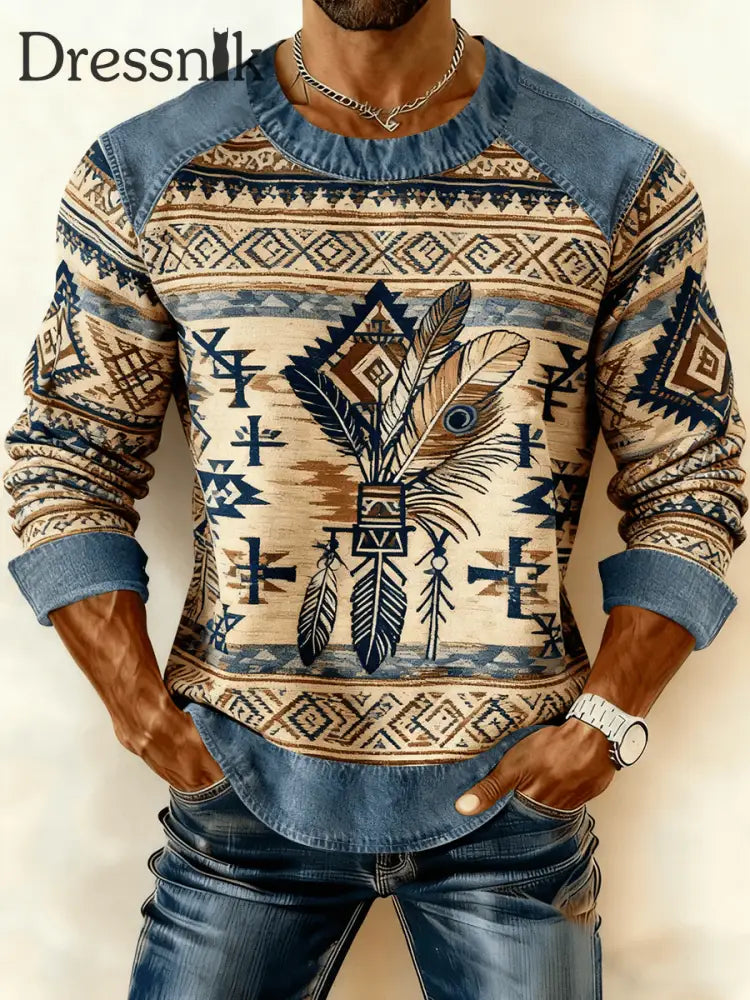Herren Vintage Western Denim Patchwork bedrucktes Sweatshirt als bild / S