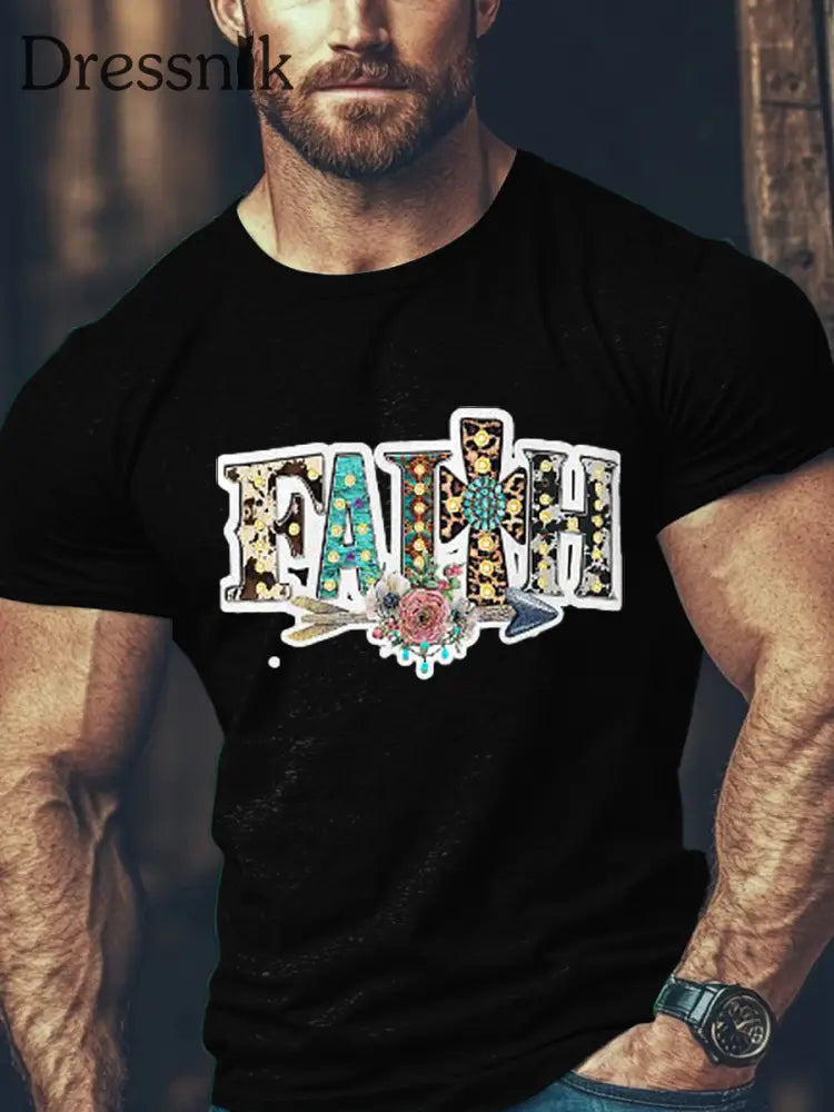 Herren Vintage Western Faith Kreuz Leopard Bunte Blumen druck Lässiges Kurzarm-T-Shirt aus Baumwolle Schwarz / S
