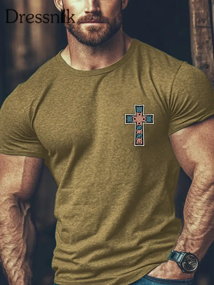 Herren Vintage Western Faith Kreuz Schnalle Design Print Lässiges Kurzarm-T-Shirt aus Baumwolle Khaki / S