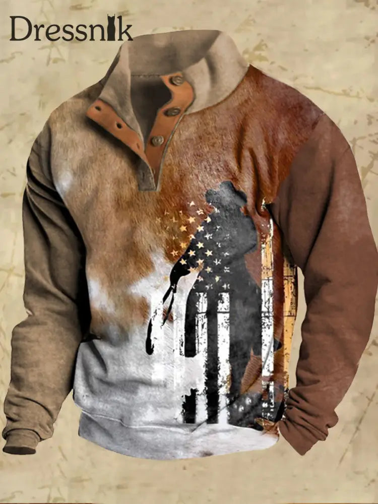 Herren Vintage Western Flagge Silhouetten Druck Lässig Lose Stand Kragen Knopf Sweatshirt A / S